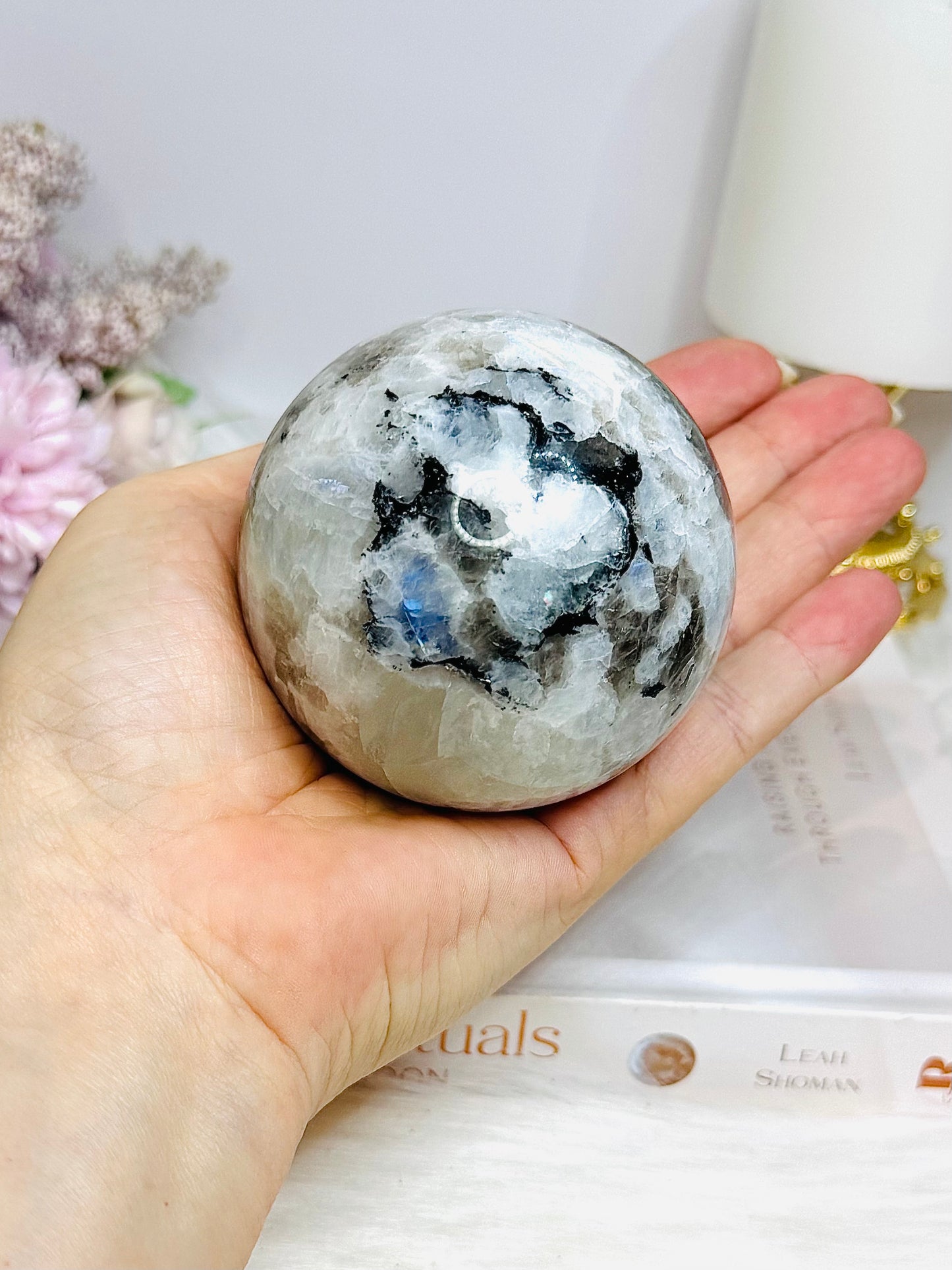 Large Rainbow Moonstone Sphere with Blue Flash 464g