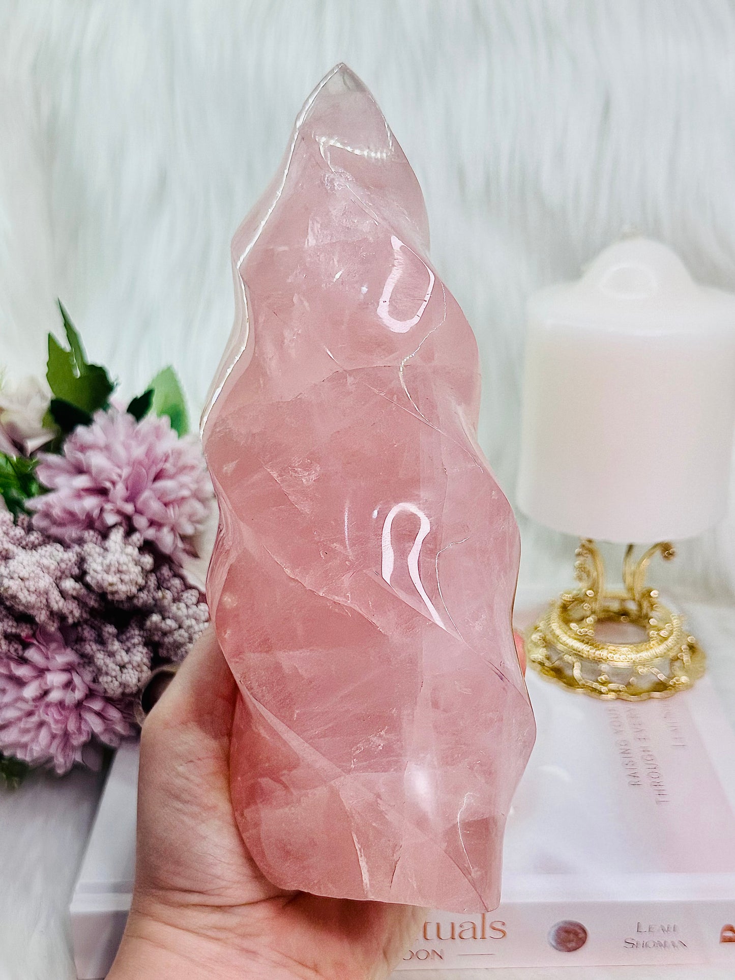 WOWOWOW!!!! Huge 1.78KG 21cm Stunning Rose Quartz Carved Flame Absolutely Spectacular