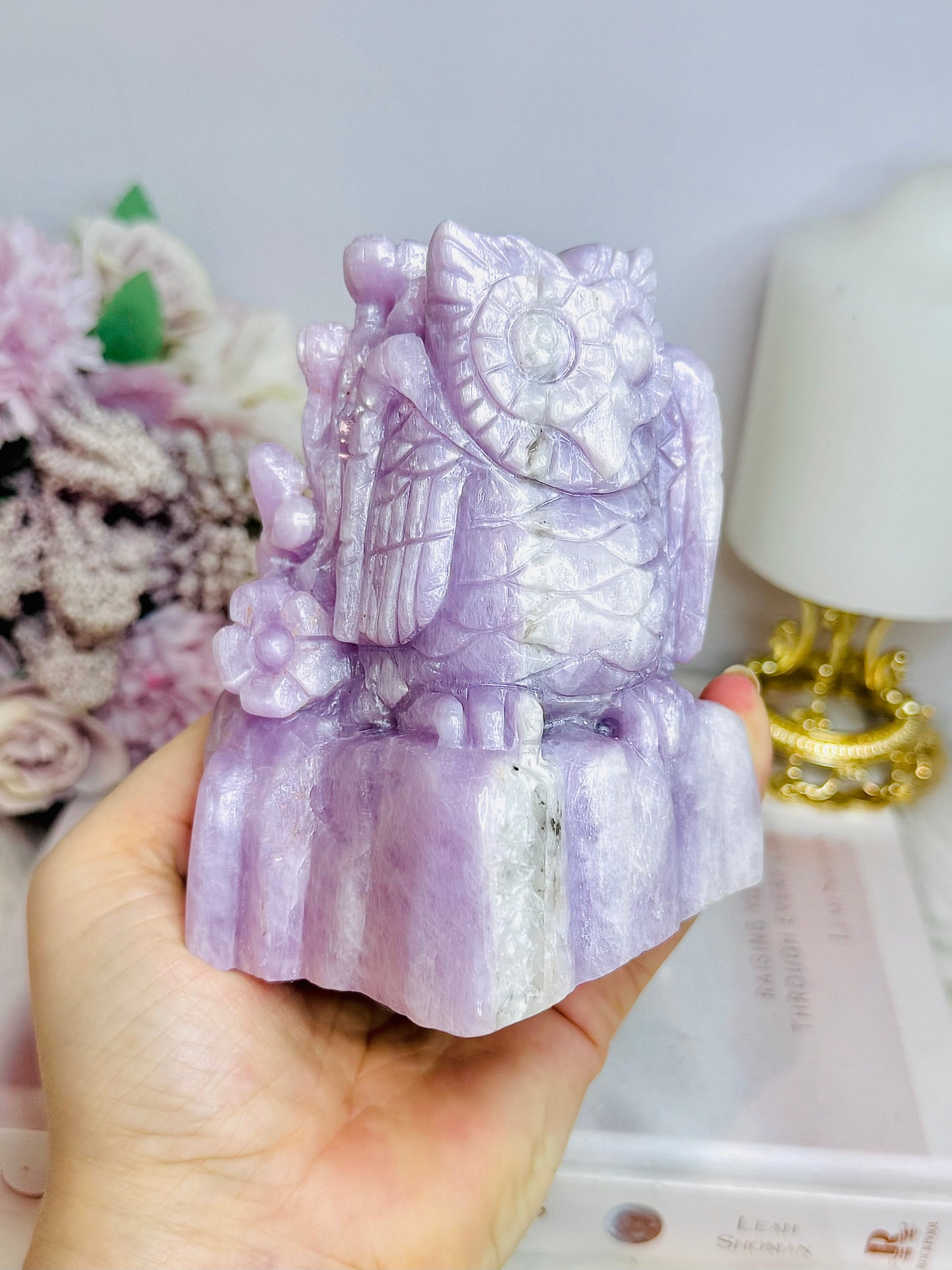 Large Kunzite Carved Owl 698g 11cm