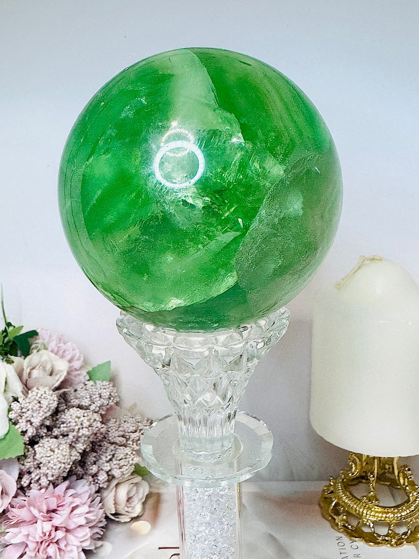 Huge Green Fluorite Sphere with Rainbows On Tall Glass Stand 1.4KG (stand can be changed)