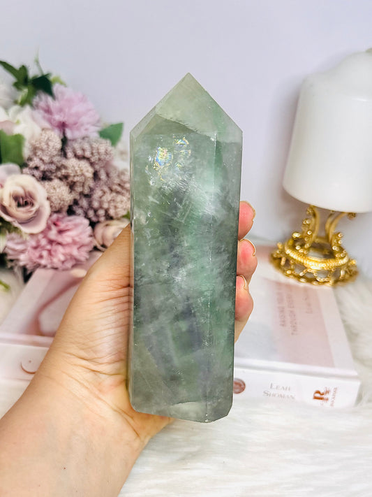 Chunky Large Green Fluorite Tower with Rainbows 15cm 630g