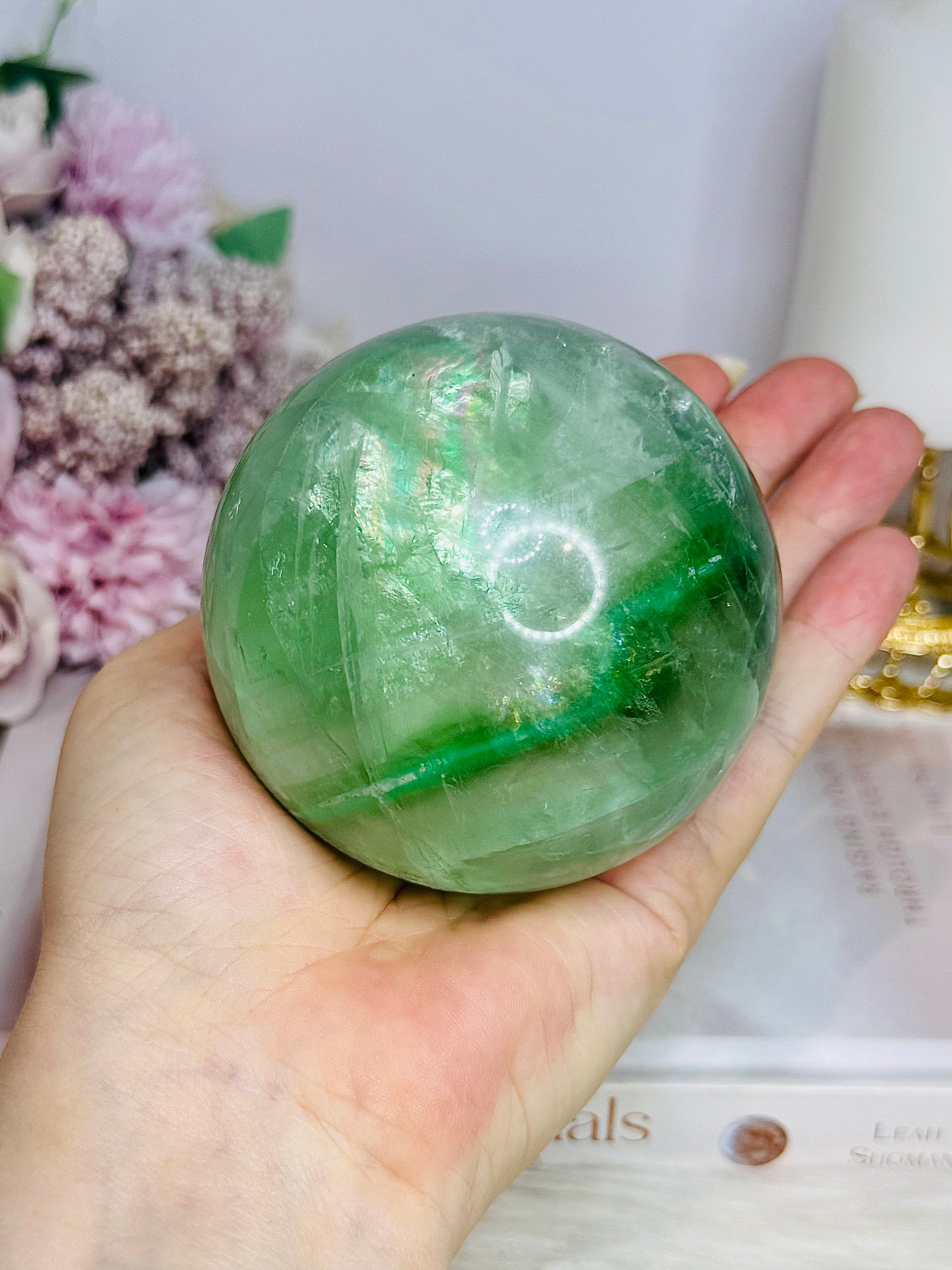 Large Green Fluorite Sphere Full of Rainbows 777g