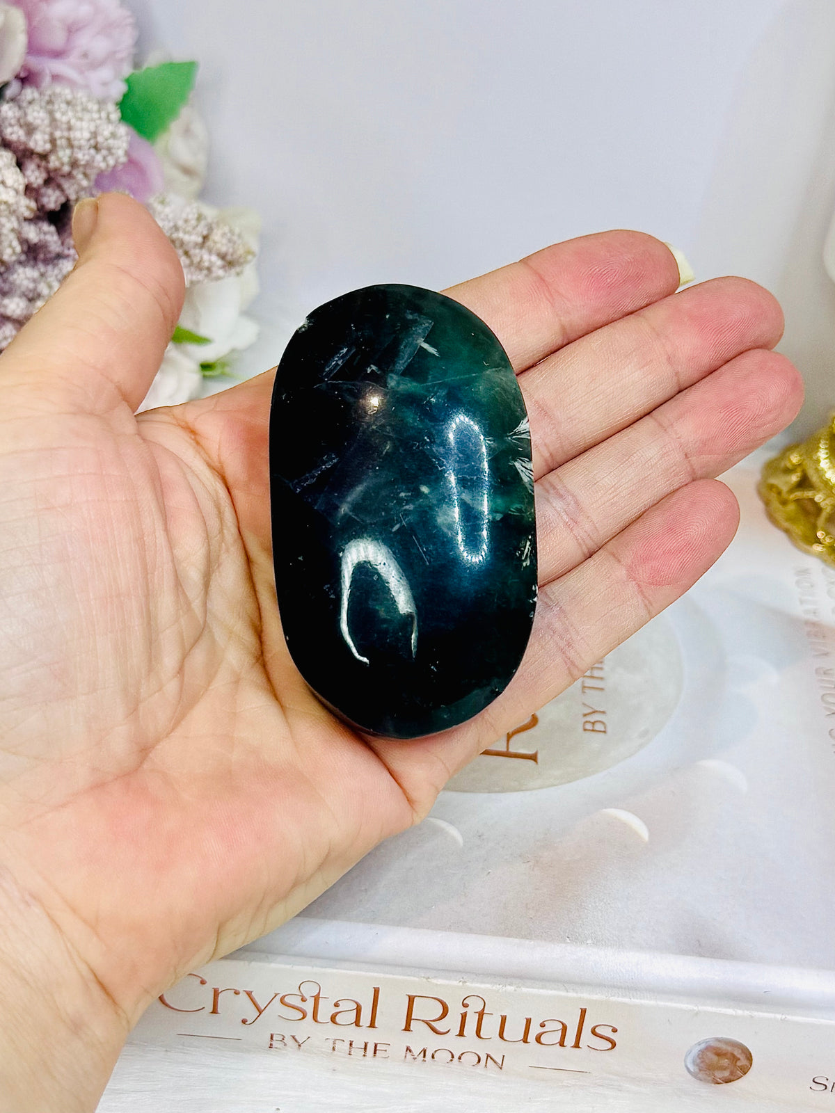 Chunky Fluorite Palm Stone (stand is display only) Reduced as chipped