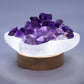 Selenite Fire Bowl With Amethyst Mini Tumbled Stone on Small LED Base 10cm