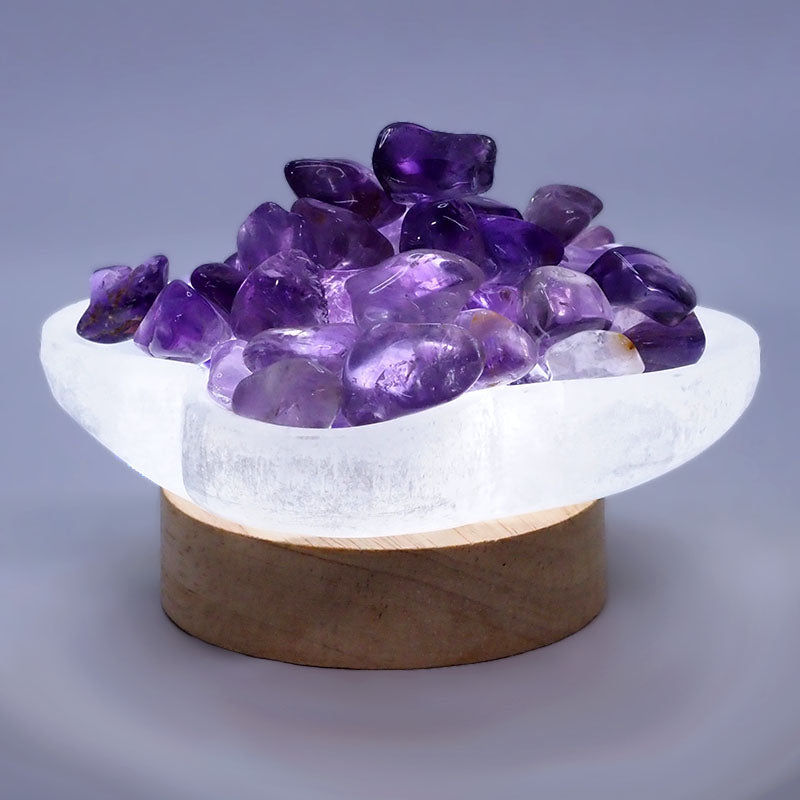 Selenite Fire Bowl With Amethyst Mini Tumbled Stone on Small LED Base 10cm