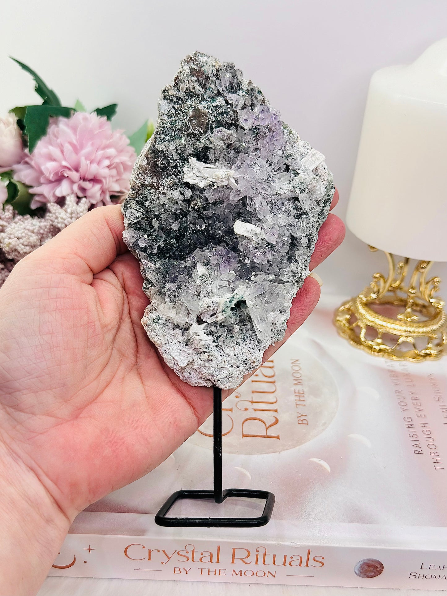 Tall 18cm Natural Zeolite | Flower Amethyst Slab on Stand From Brazil