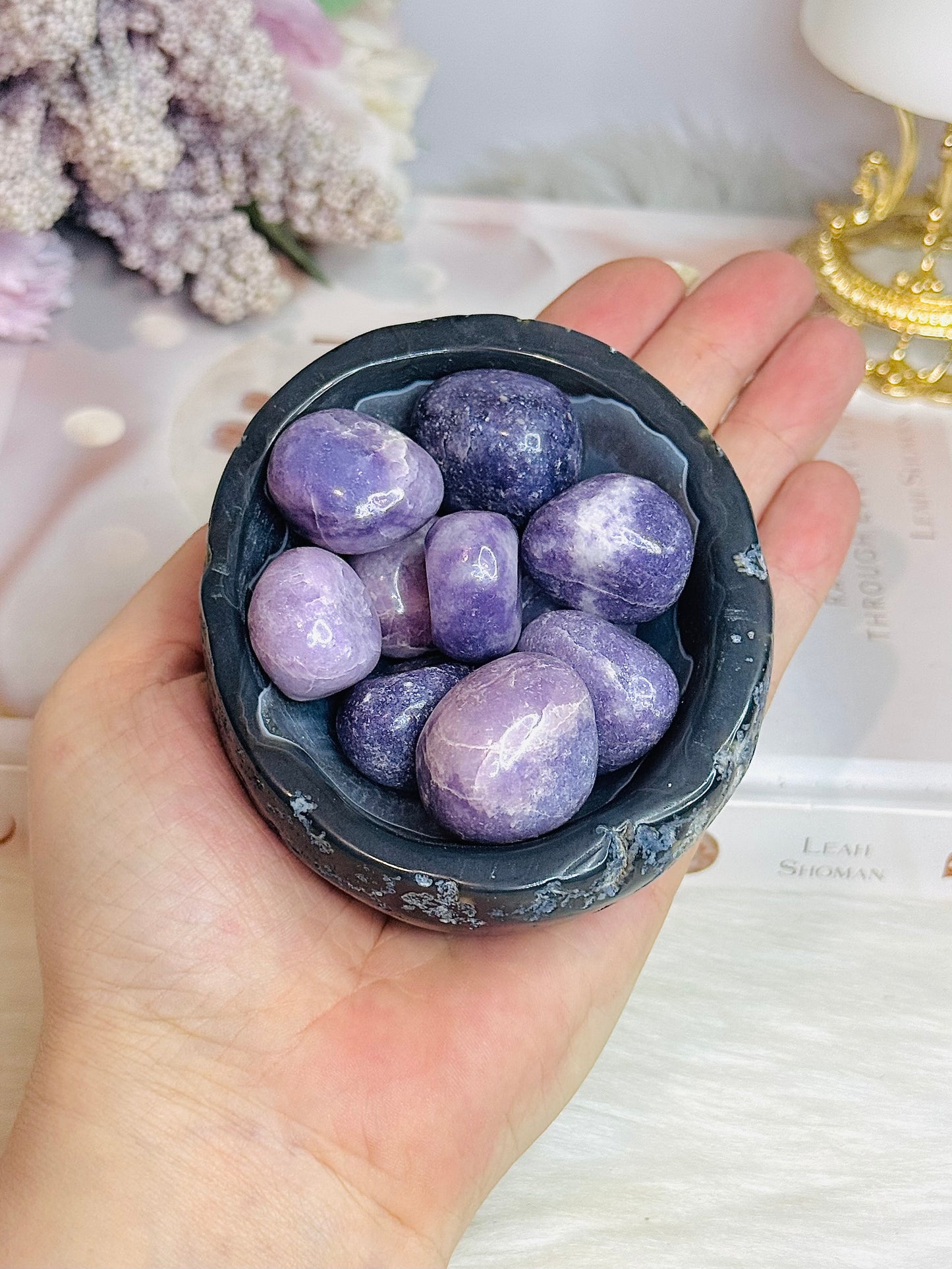 Natural Agate Carved Bowl Filled with Lepidolite Tumbles 426g