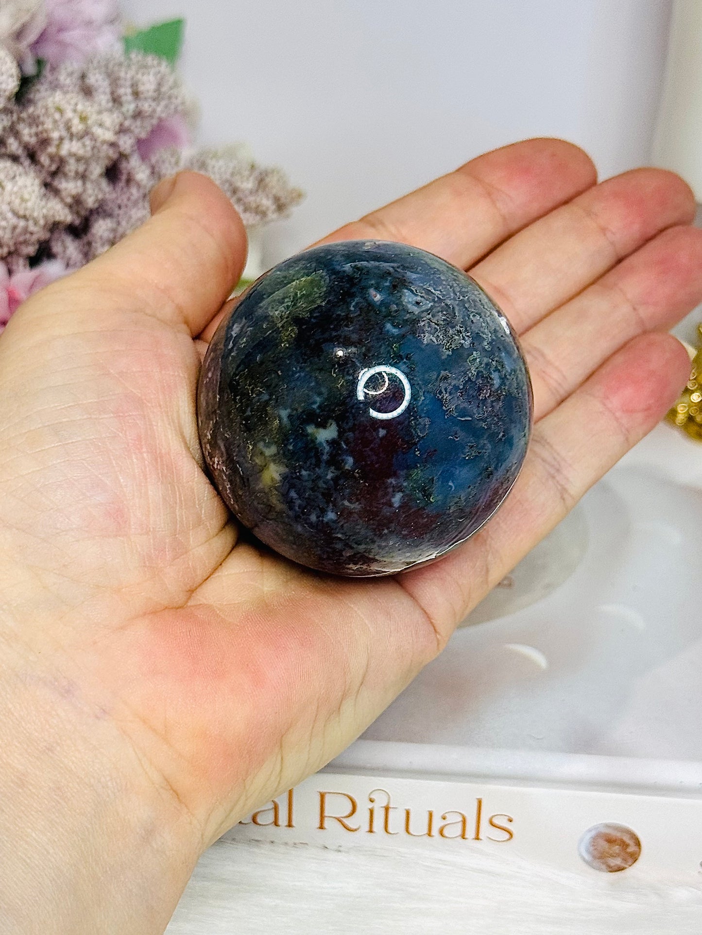 Blue & Green Moss Agate Sphere on Stand 207g