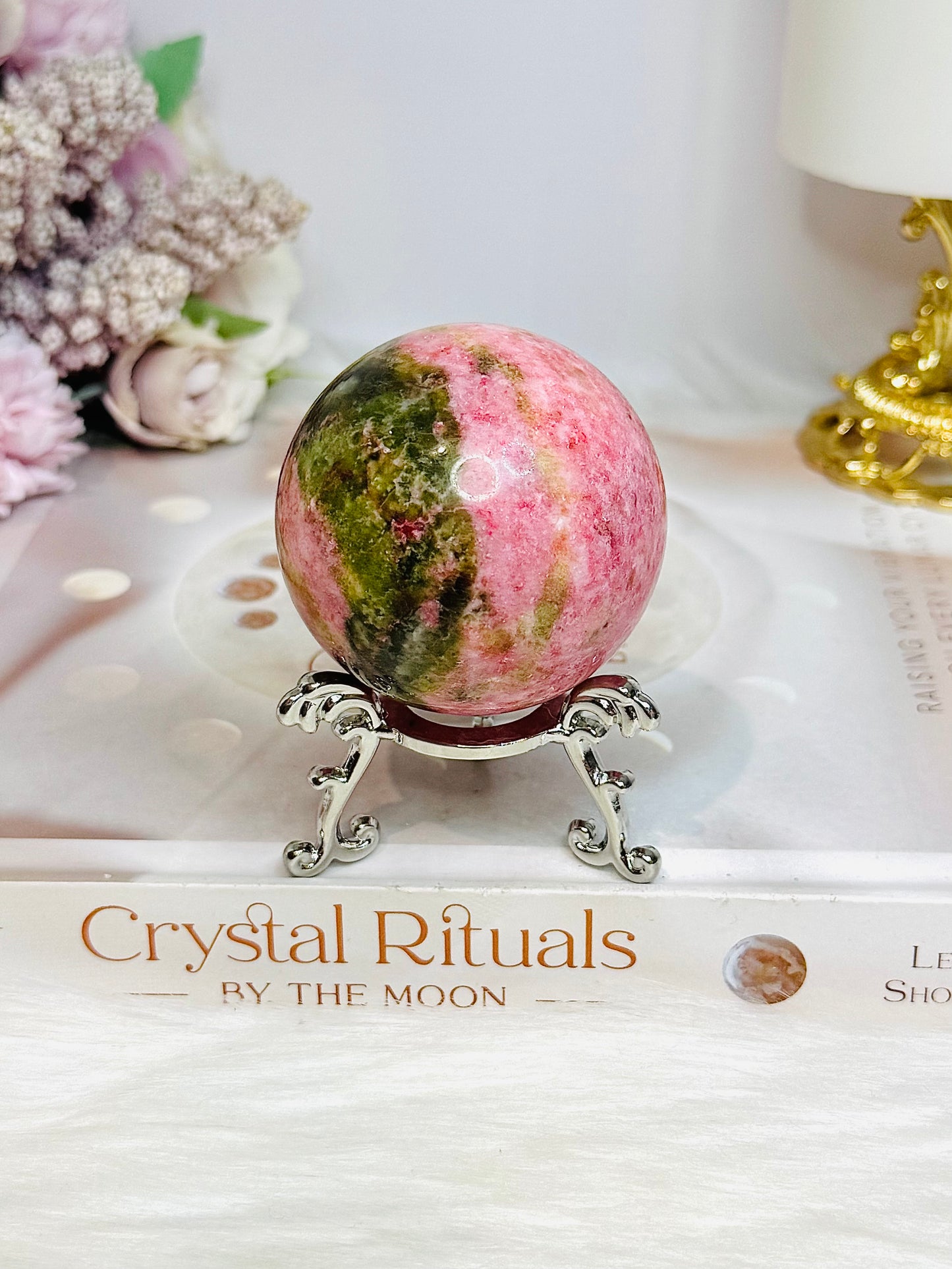 Thulite Sphere with Epidote 209g On Stand