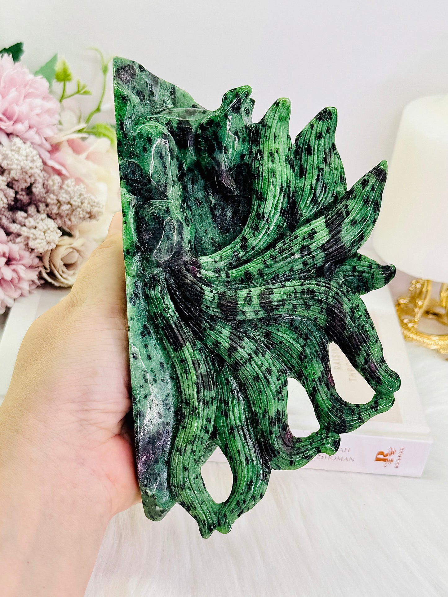 Absolutely Spectacular Large 1.14KG Gorgeous Ruby In Zoisite Carved Nine Tail Fox (UV Light Reactive)