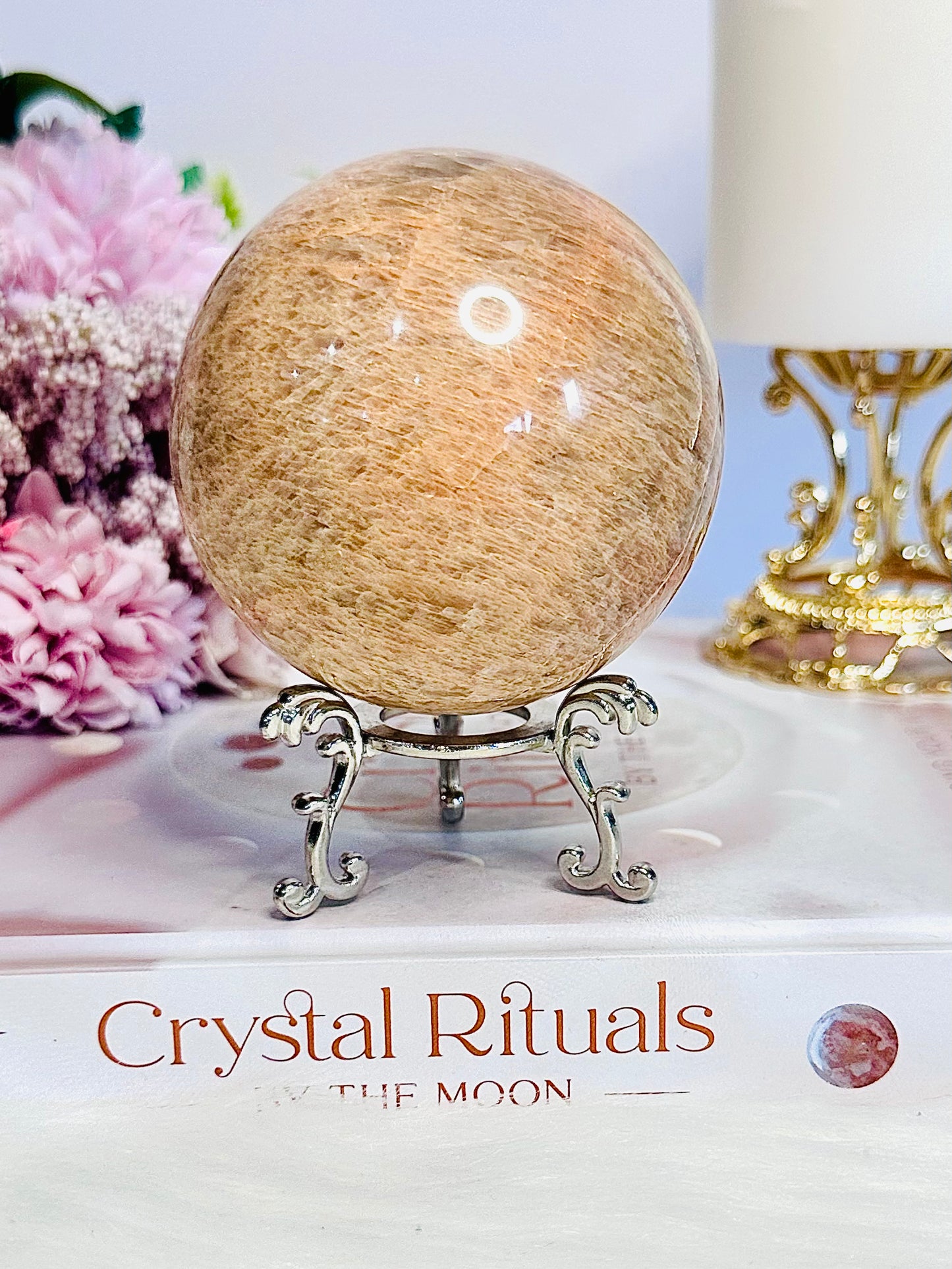 Gorgeous Large 478gram Peach Moonstone Sphere with Amazing Flash On Stand