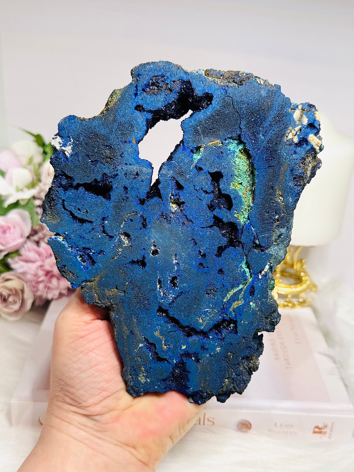 High Grade Azurite Slab with Malachite Inclusions on Stand 693g