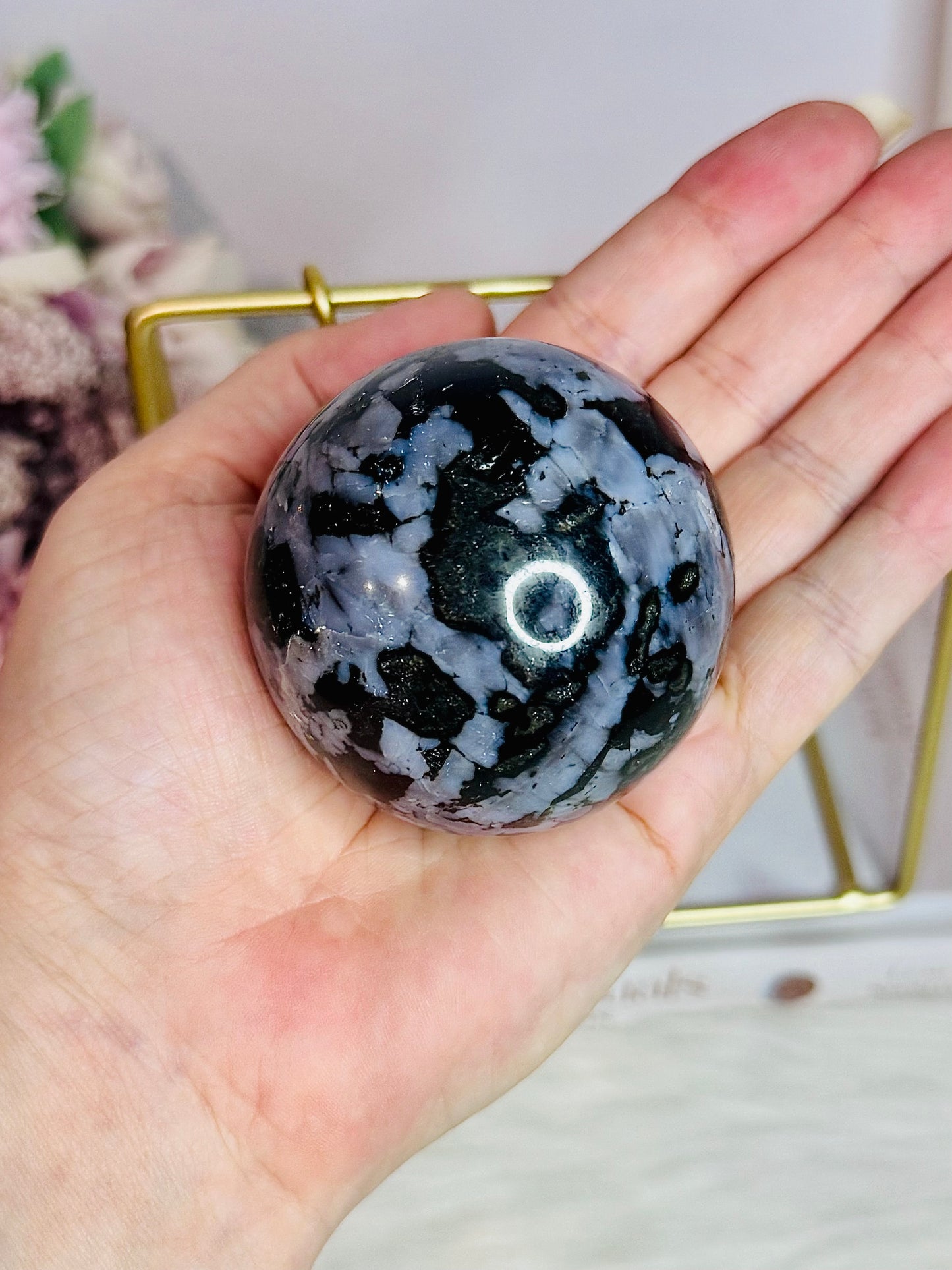 Beautiful Indigo Gabbro Natural Sphere on Gold Swing Stand 400grams