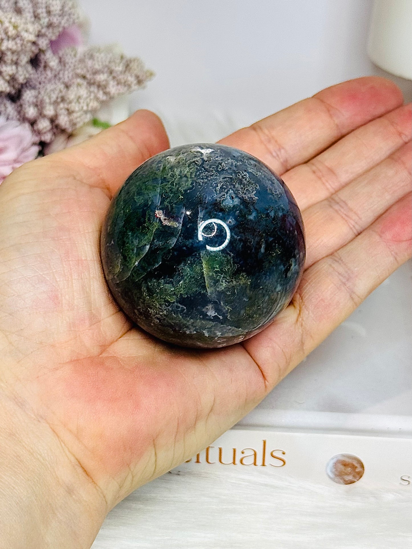 Blue & Green Moss Agate Sphere on Stand 207g