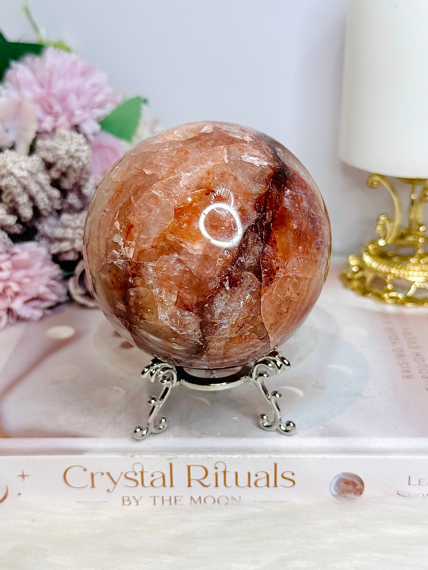 High Grade Large Fire Quartz | Hematoid Quartz Sphere with Rainbows on Stand 725g