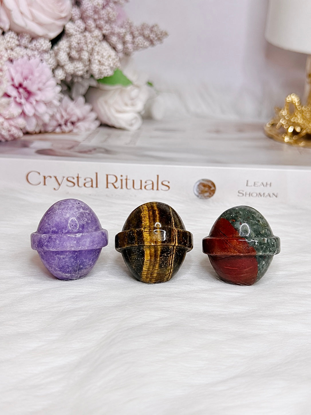 Set of 3 Crystal Planets ~ Lepidolite, Tigers Eye & Bloodstone