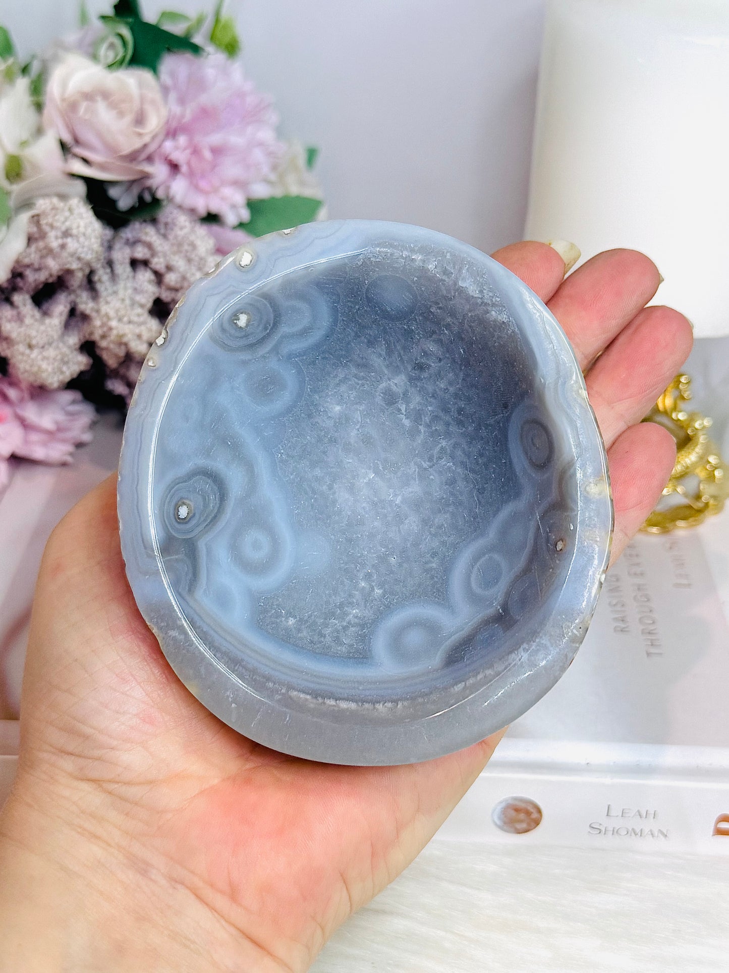 Natural Agate Carved Bowl Filled with Clear Quartz Tumbles 443g