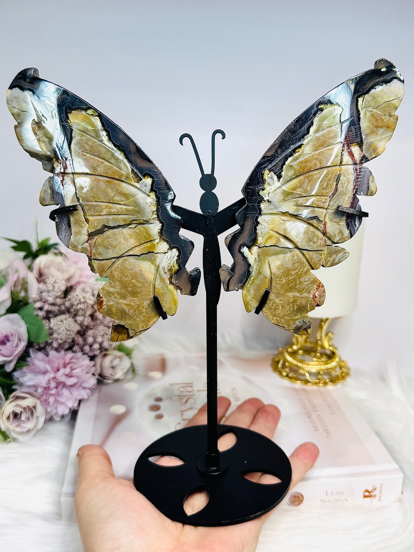 Large Volcano Agate Butterfly Wings UV Reactive on Stand 22cm