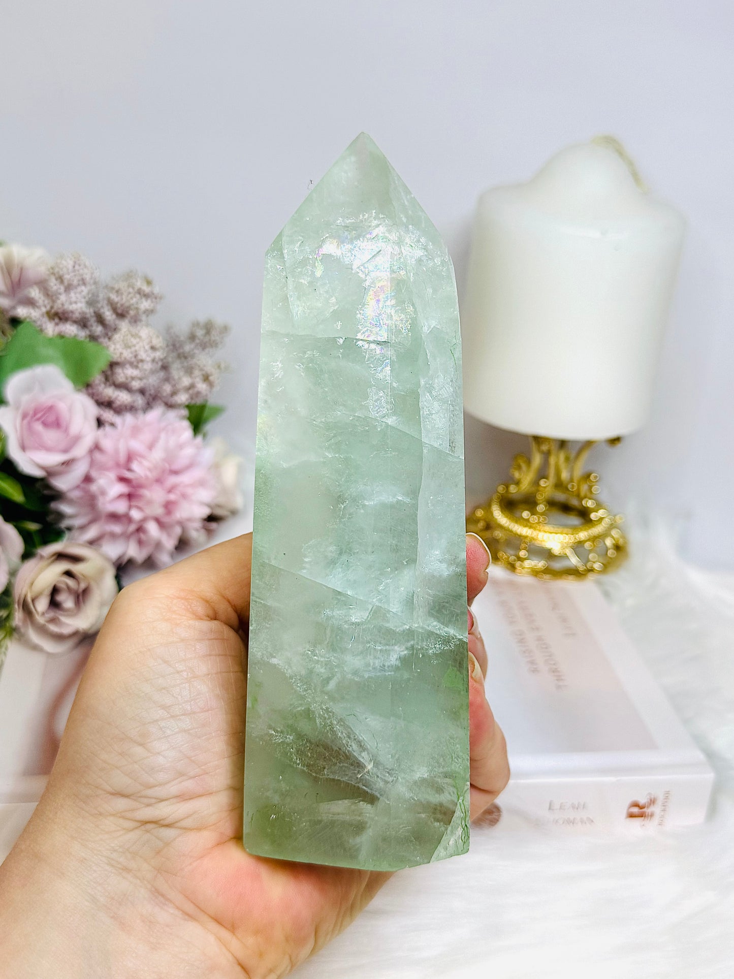 Large Green Fluorite Tower with Rainbows 15.5cm 650g