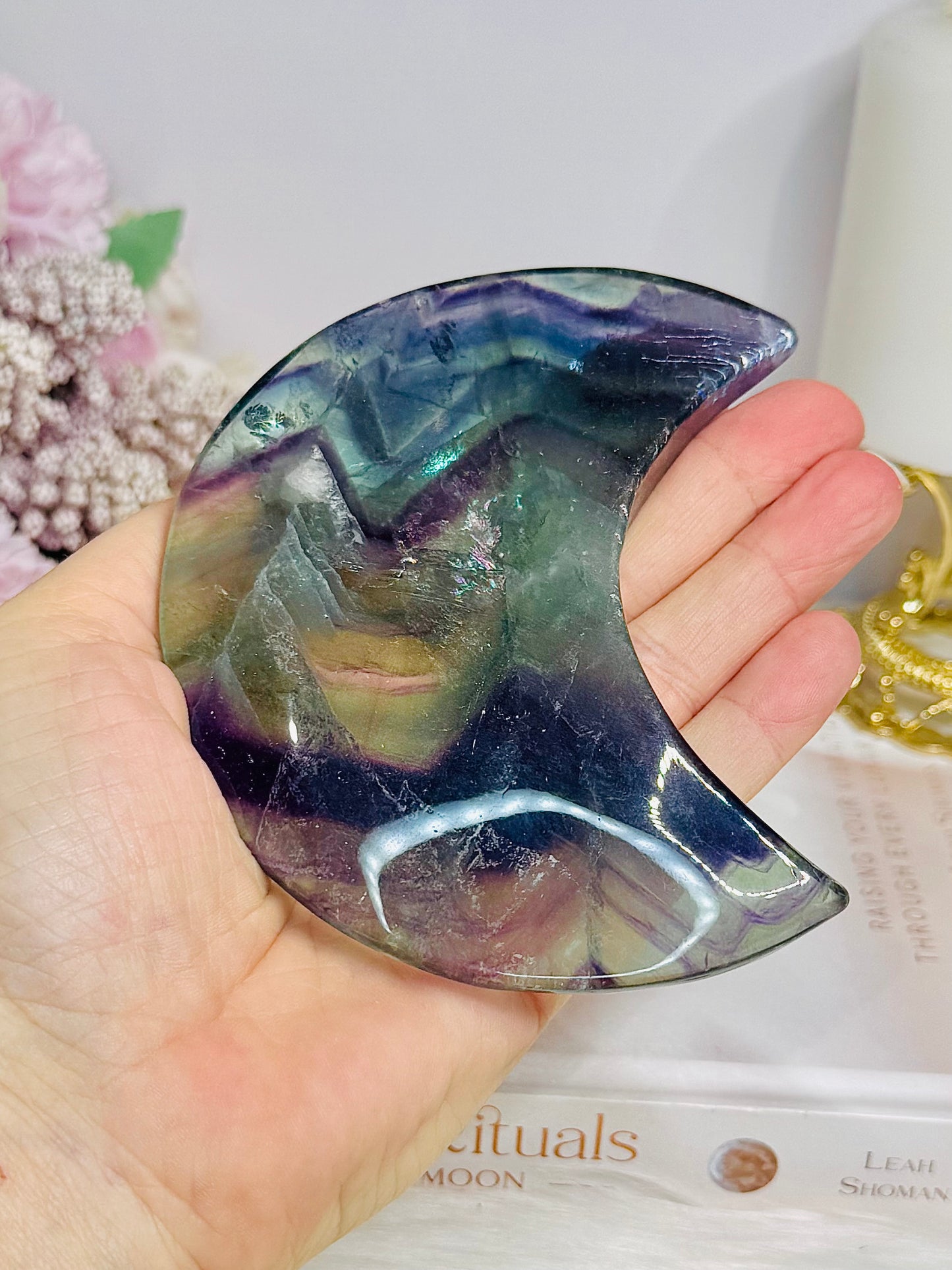 Fluorite Moon with Rainbows On Stand 11cm