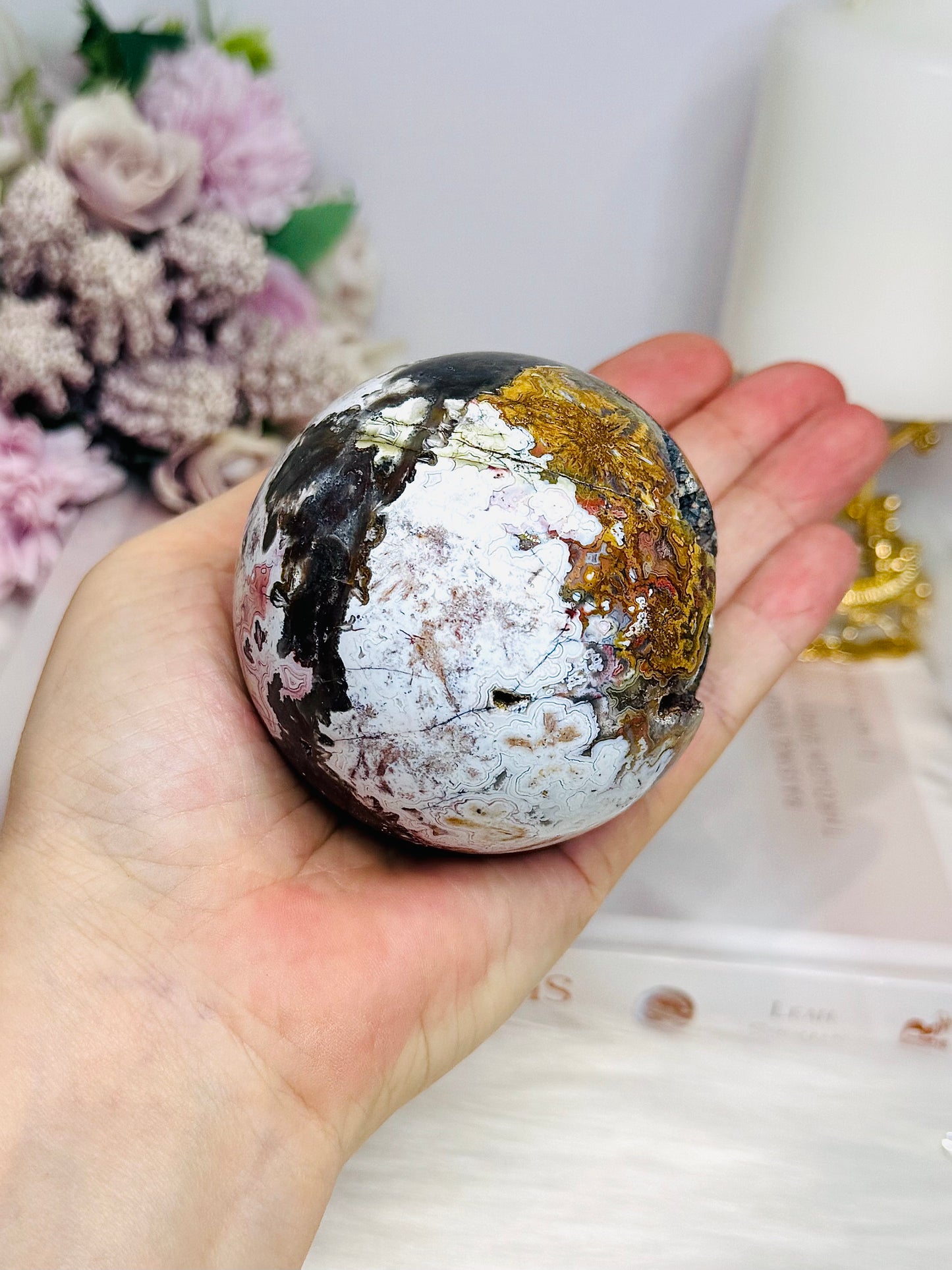Large Mexican Crazy Lace Agate Druzy Sphere on Stand 449g