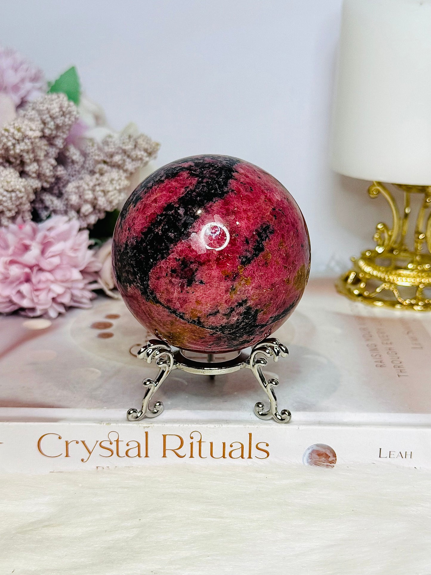 Large Rhodonite Sphere 551g On Stand