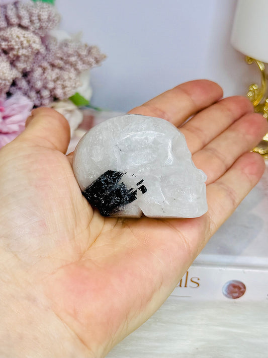 Black Tourmaline in Quartz Carved Skull 6cm