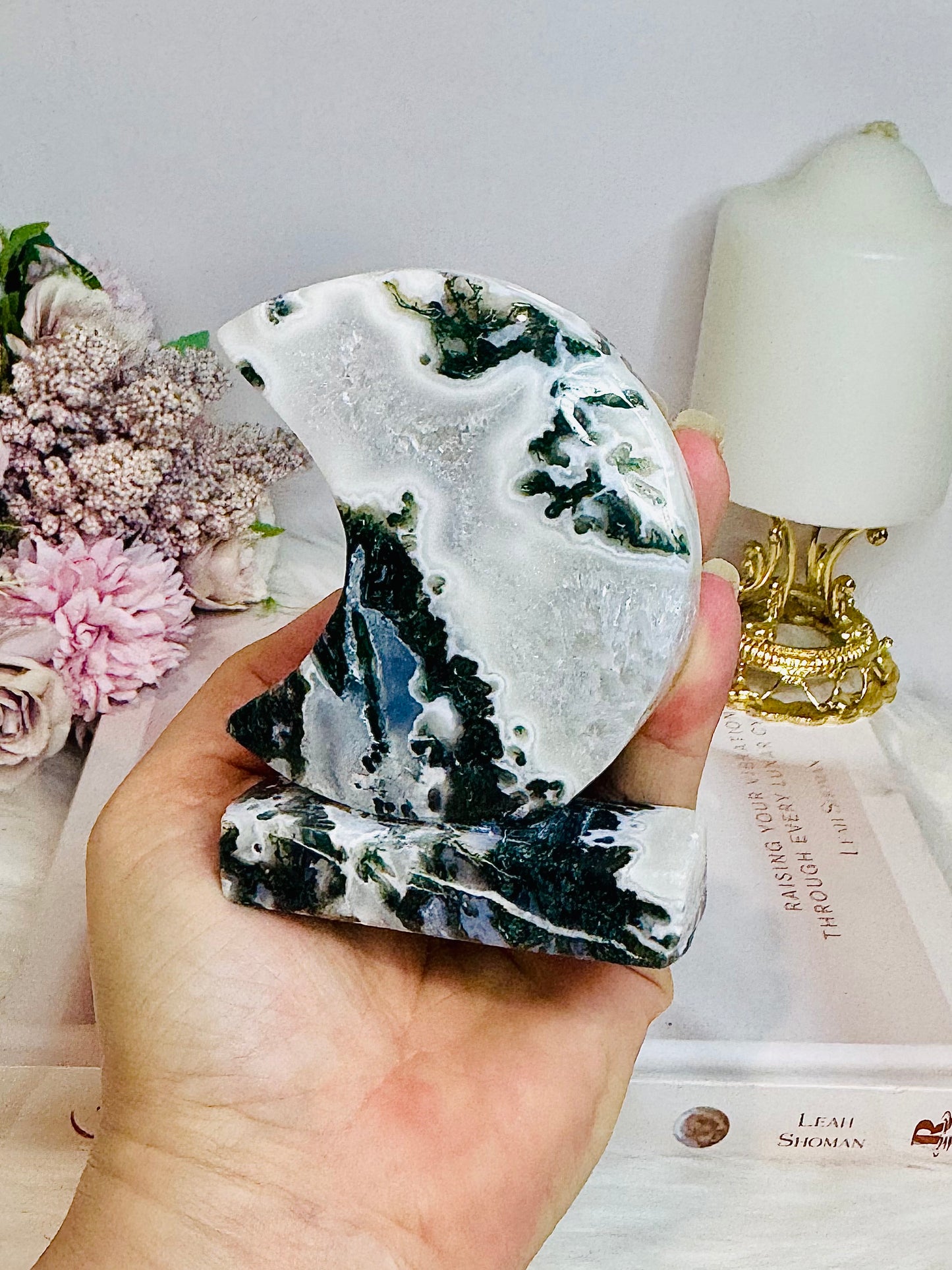 Moss Agate Druzy Moon On Stand 9.5cm 243g