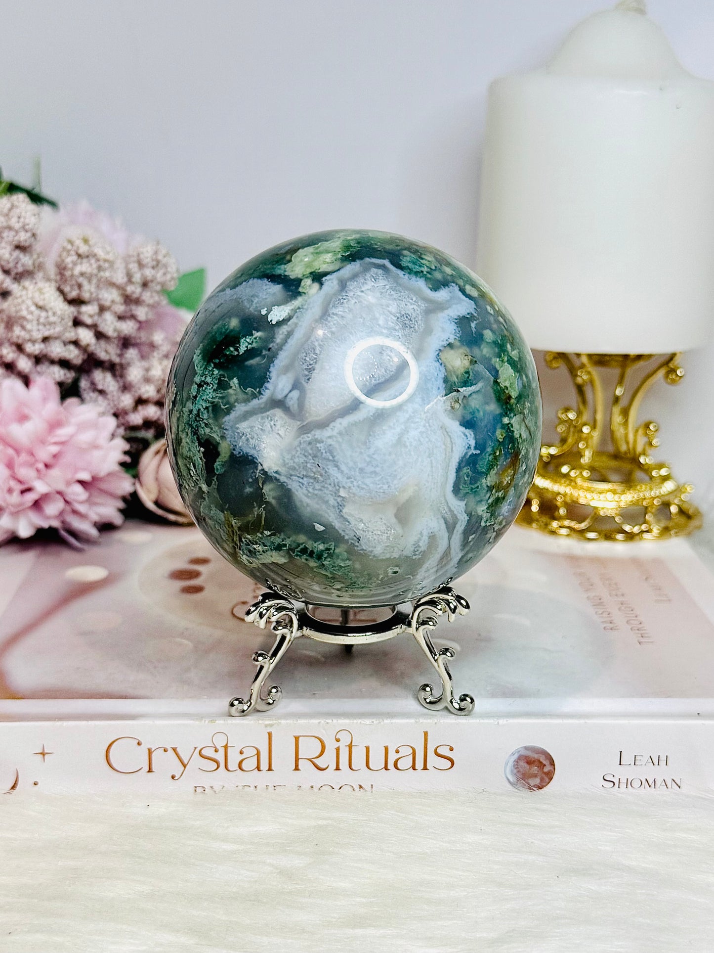 Large Moss Agate Druzy Sphere on Stand 756g