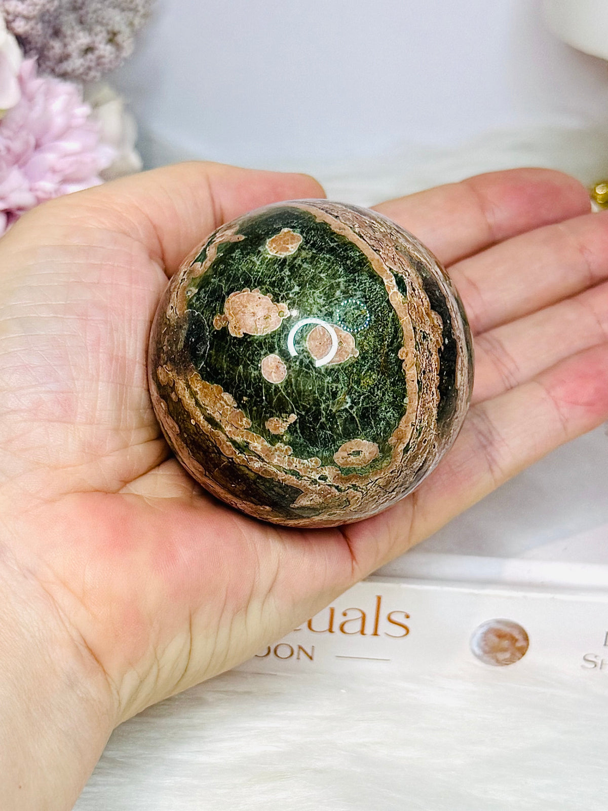 High Grade Green Sakura Flower Agate Sphere on Stand 231g