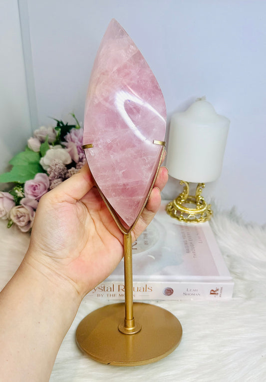 Large Rose Quartz Perfectly Carved Flame On Gold Stand 1.05KG 28cm