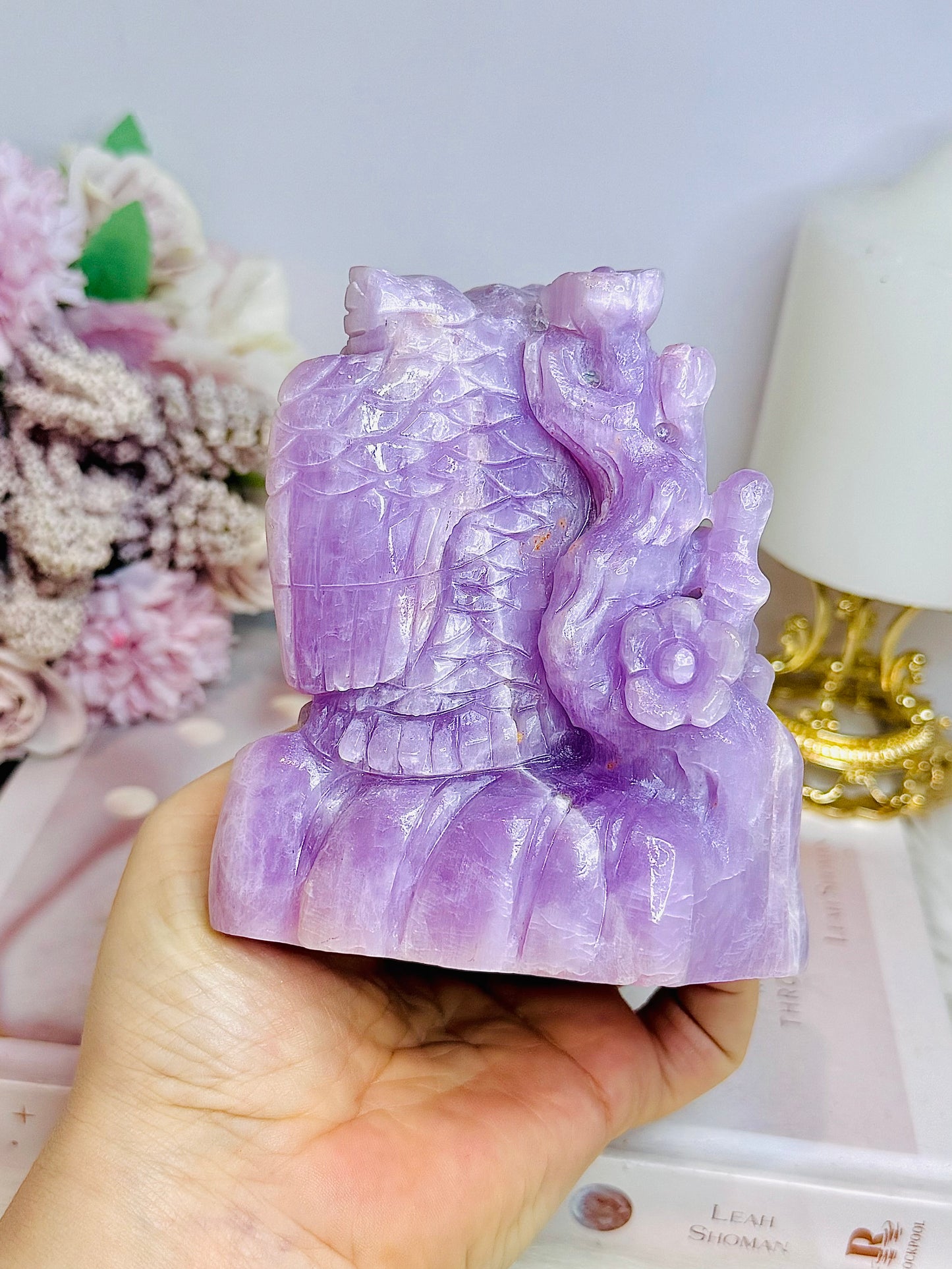 Large Kunzite Carved Owl 698g 11cm
