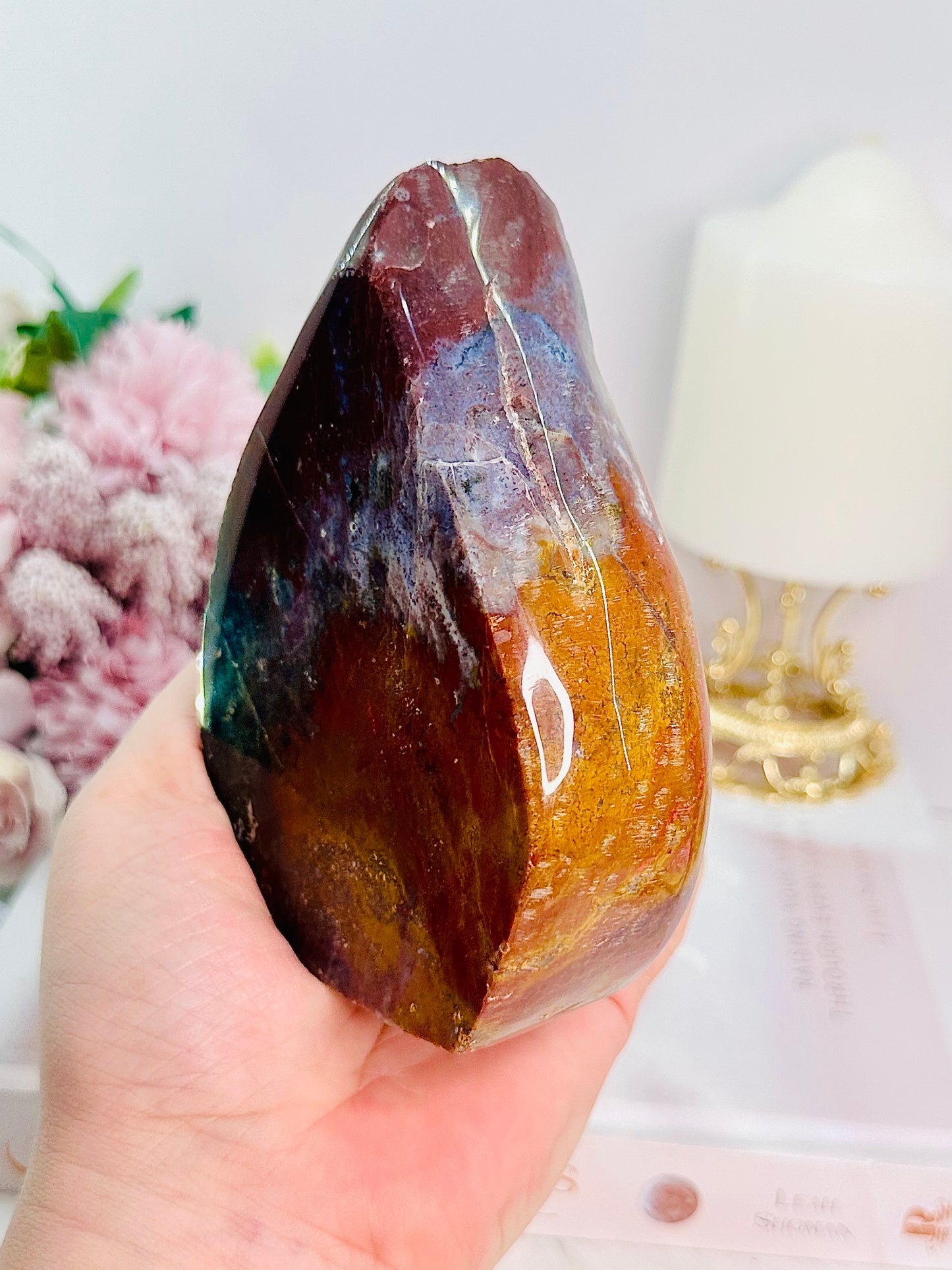 A Stone Of Strength ~ Amazing Large 521gram Stunning Ocean Jasper Chunky Flame Carving From Brazil