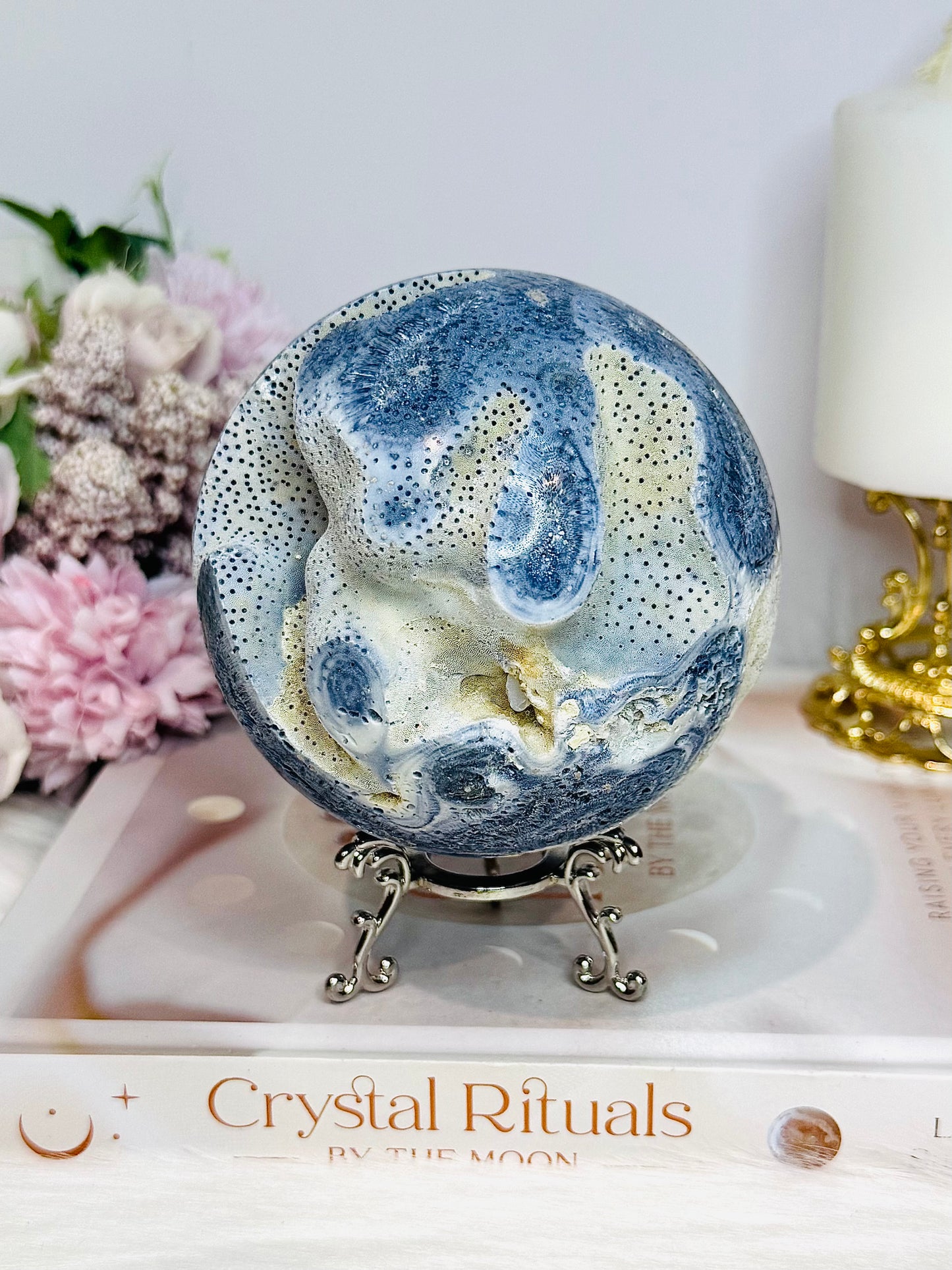 Rare Natural Large Blue Coral Fossil Sphere 732g