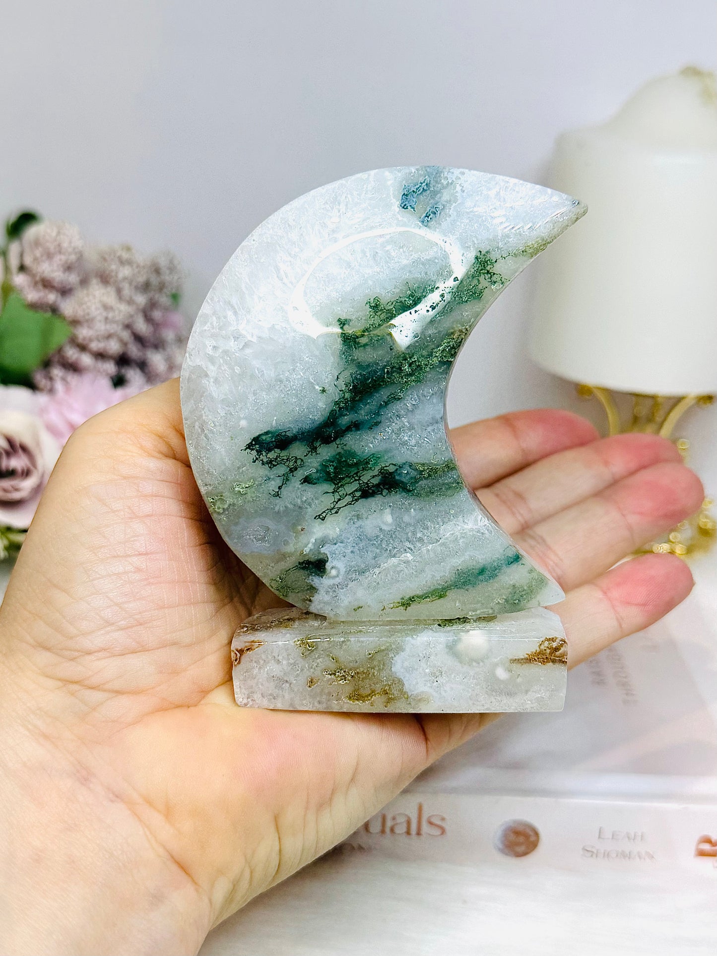 Moss Agate Druzy Moon On Stand 10cm 262g