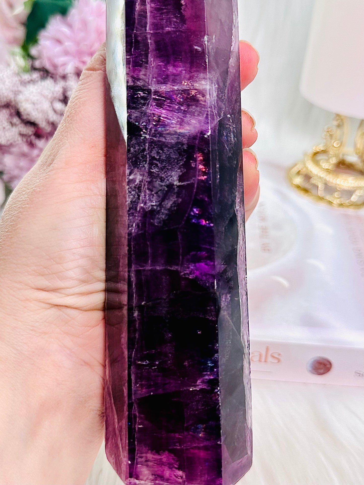 Fabulous Large 20cm Stunning Purple Fluorite Tower with Rainbows (the tower has a slight tilt)