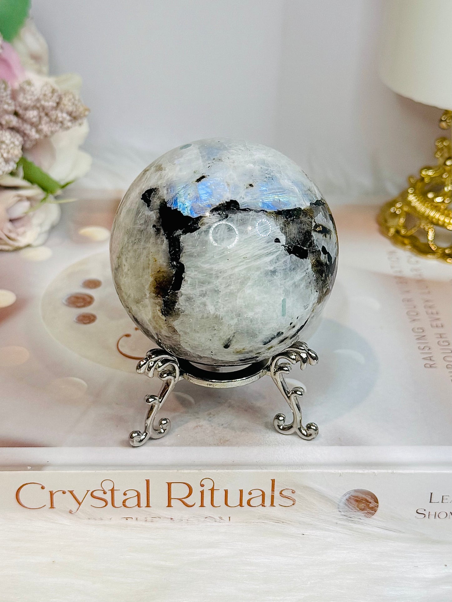 Rainbow Moonstone Sphere on Stand with Blue Flash 337g