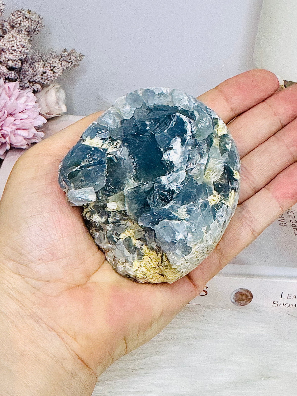 Blue Celestite Freeform Cluster On Stand 510g