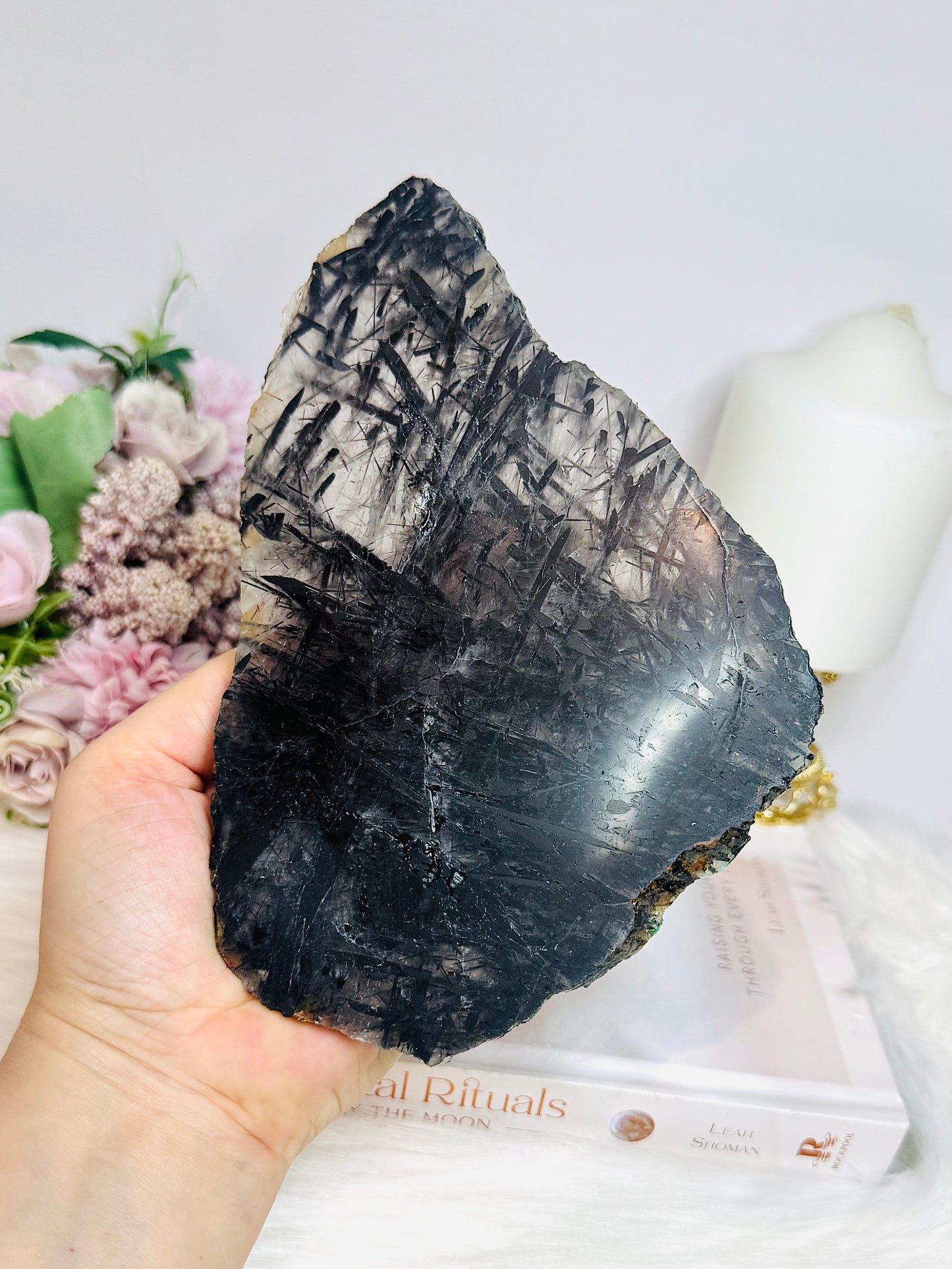 Large Black Tourmaline In Quartz Slab on Stand 19cm