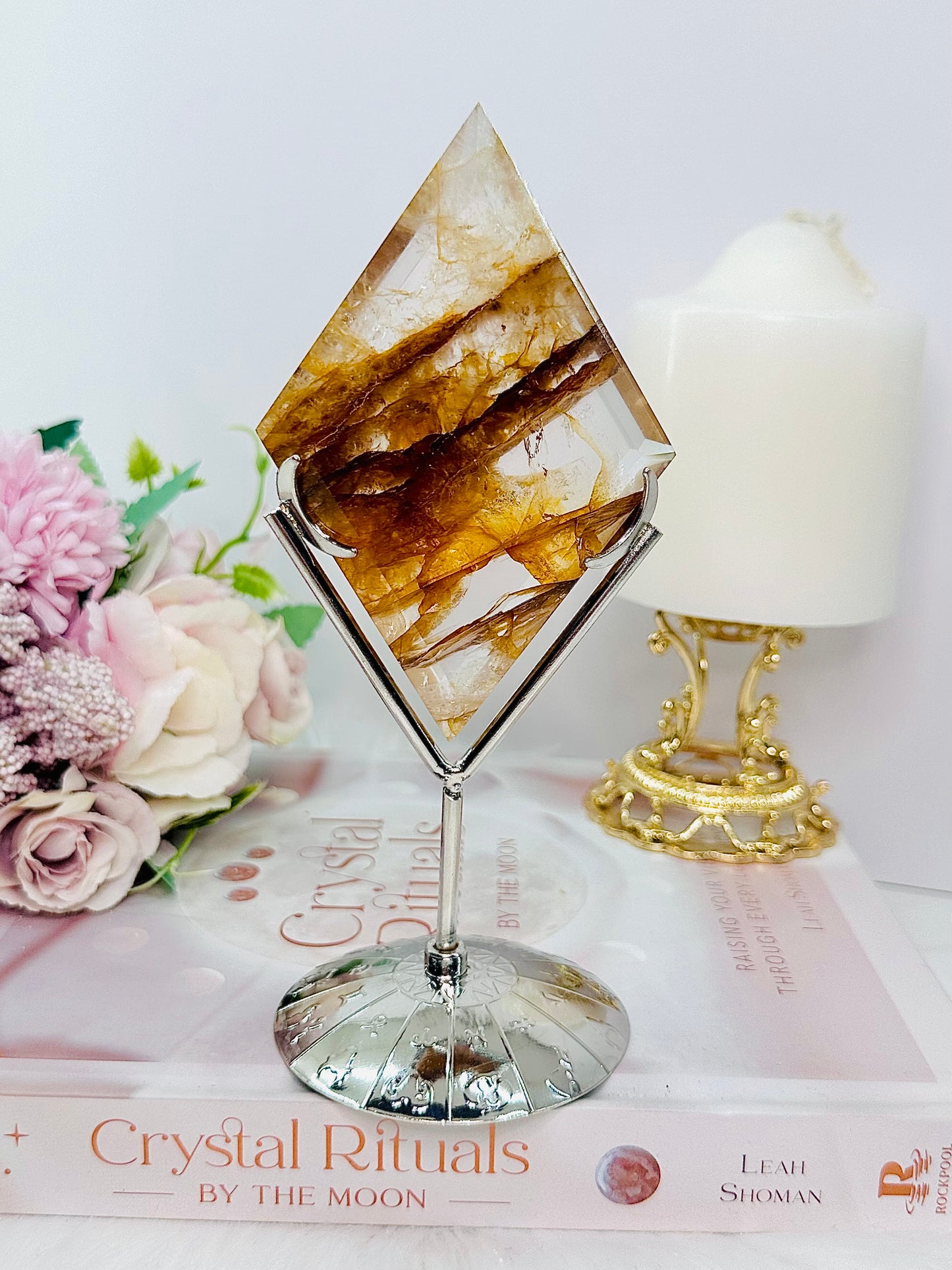 Bring Forward Your Highest Self ~ Gorgeous High Grade Golden Healer Carved Diamond On Silver Stand 17cm