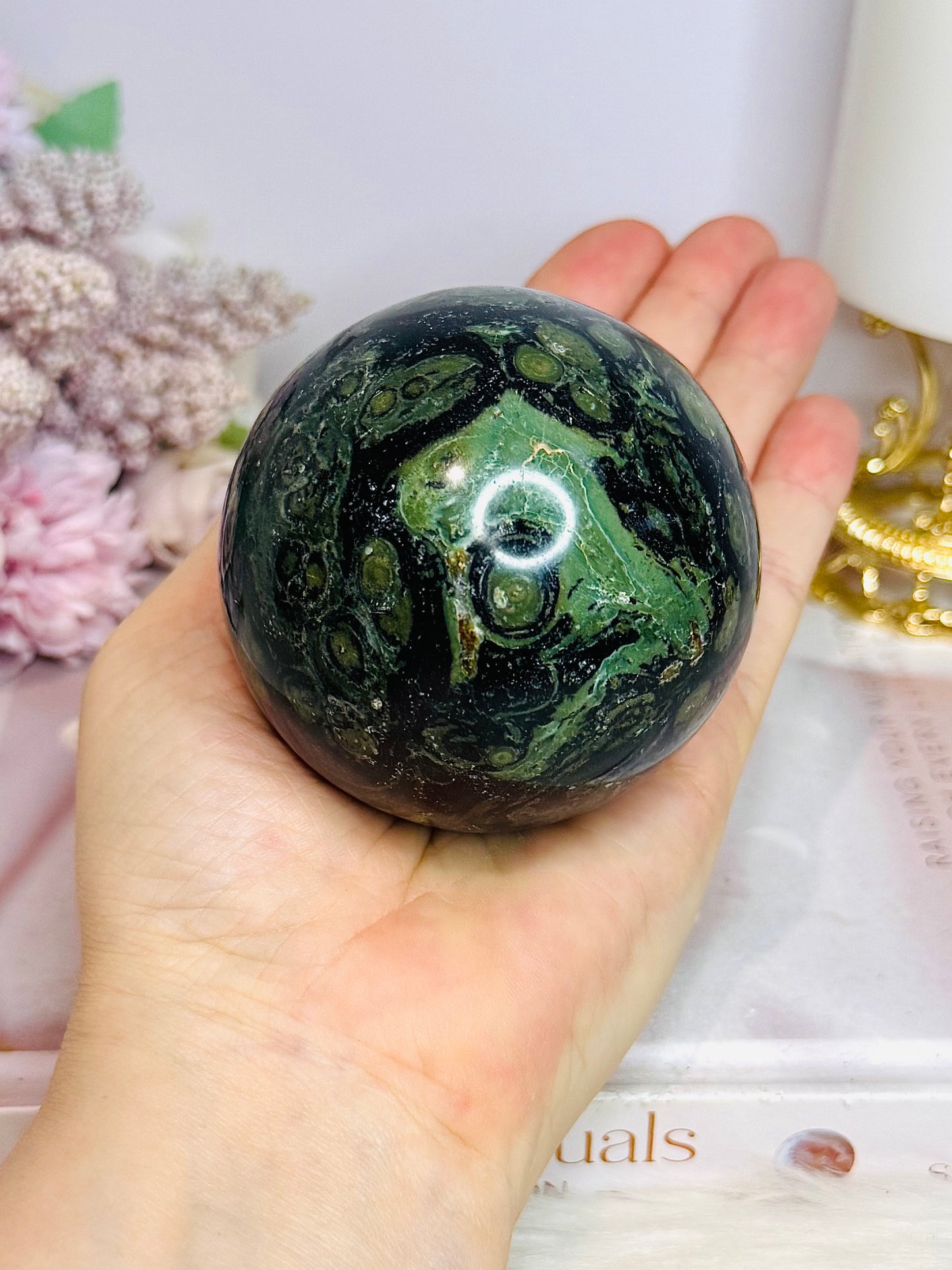 Large Green Kambaba Jasper Sphere on Stand 486g