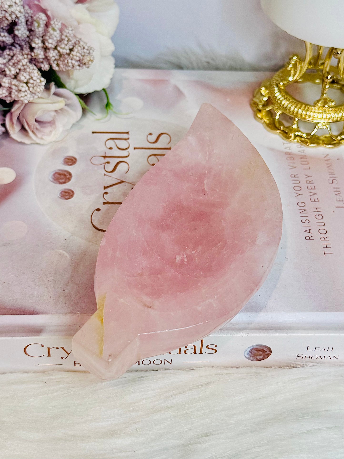 Large Chunky Rose Quartz Carved Leaf Bowl 15cm 410g