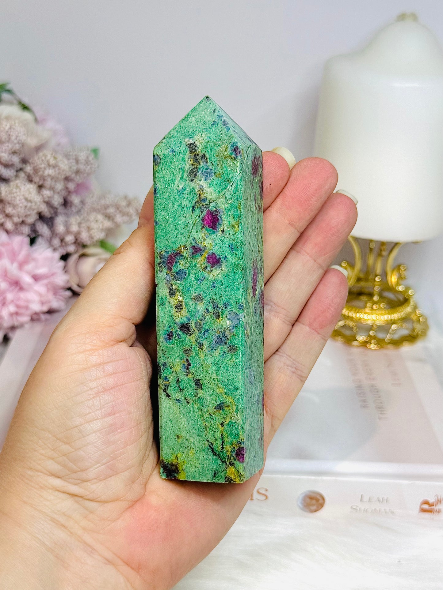 Ruby Fuchsite Tower 12cm ~ Reduced as has been broken & repaired
