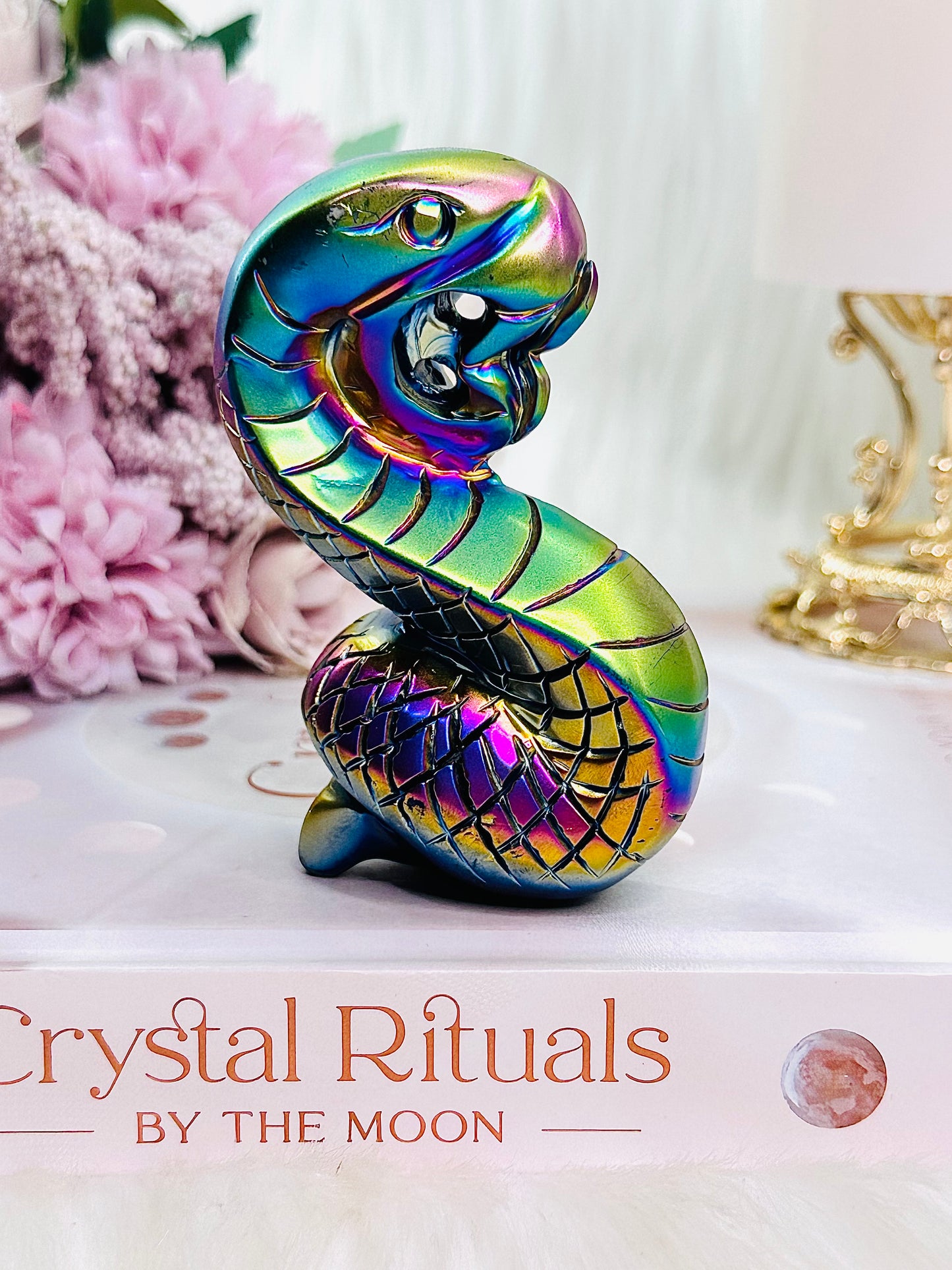 Fertility & Rebirth ~ Amazing Perfectly Carved Titanium Aura Quartz Bright Colourful Snake