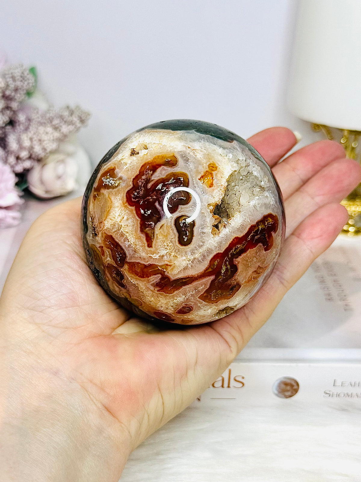 Large Druzy Red Moss Agate Sphere on Stand 510g