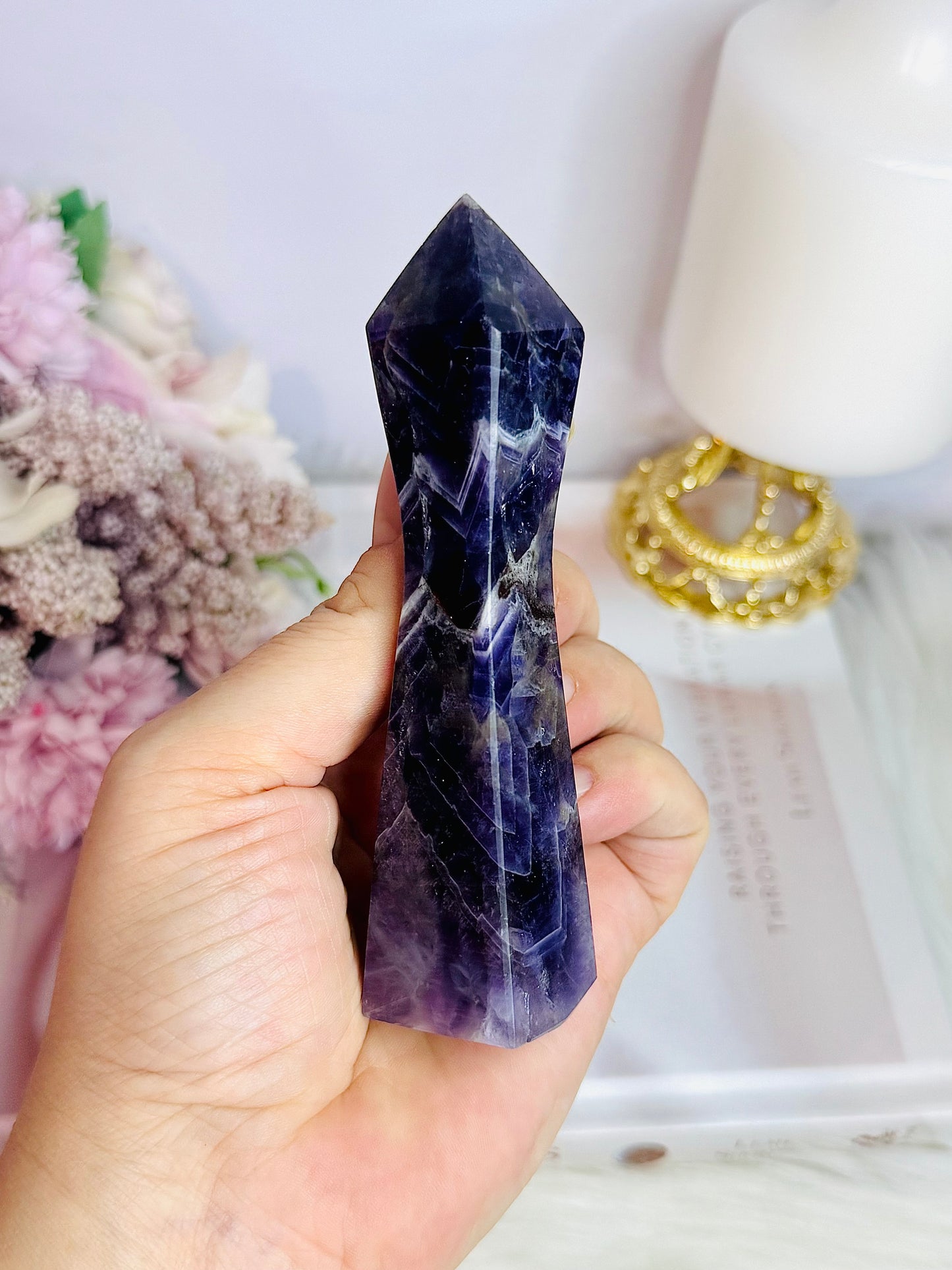 Uniquely Cut Beautiful Chevron Amethyst Tower 11.5cm