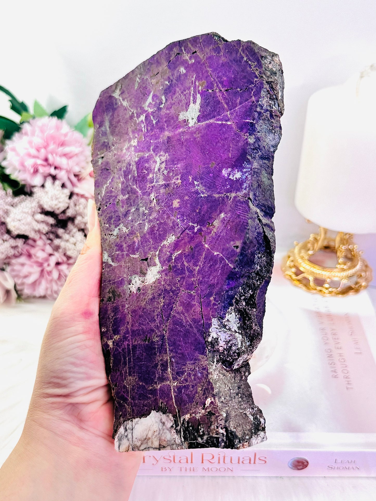 The Stone Of Freedom ~ Incredible Rare Natural Velvet Purpurite Huge Slab On Gold Stand, 22cm (Inc Stand) 683grams