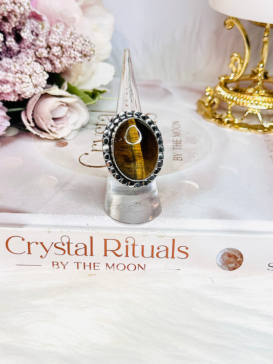 Large Natural Tigers Eye Adjustable Silver Ring In Gift Bag