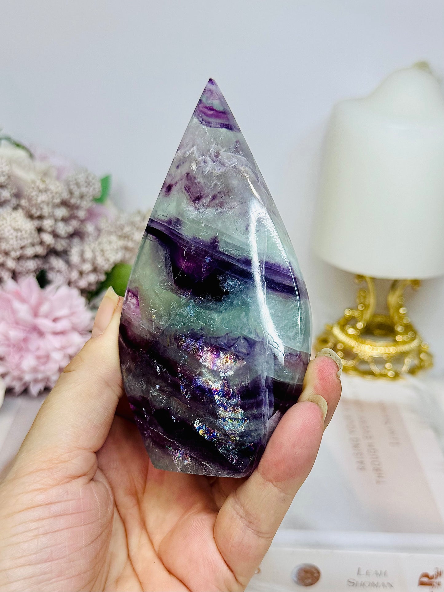 High Grade Large Fluorite Flame with Rainbows 11cm