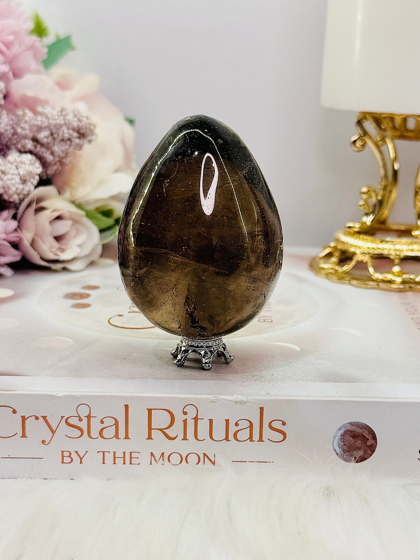 Unique Smokey Quartz Carved Polished Egg 172grams on Stand